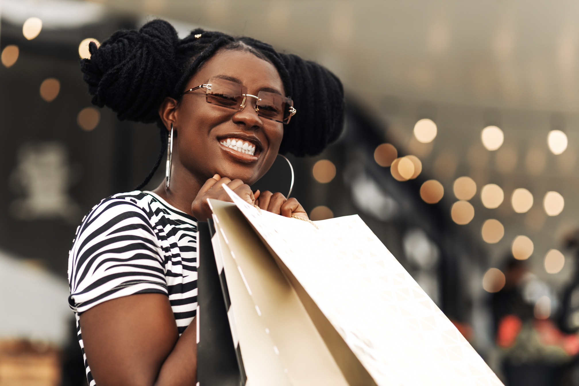Young African Woman , Woman with Shopping Bags, Enjoying Shopping for Christmas